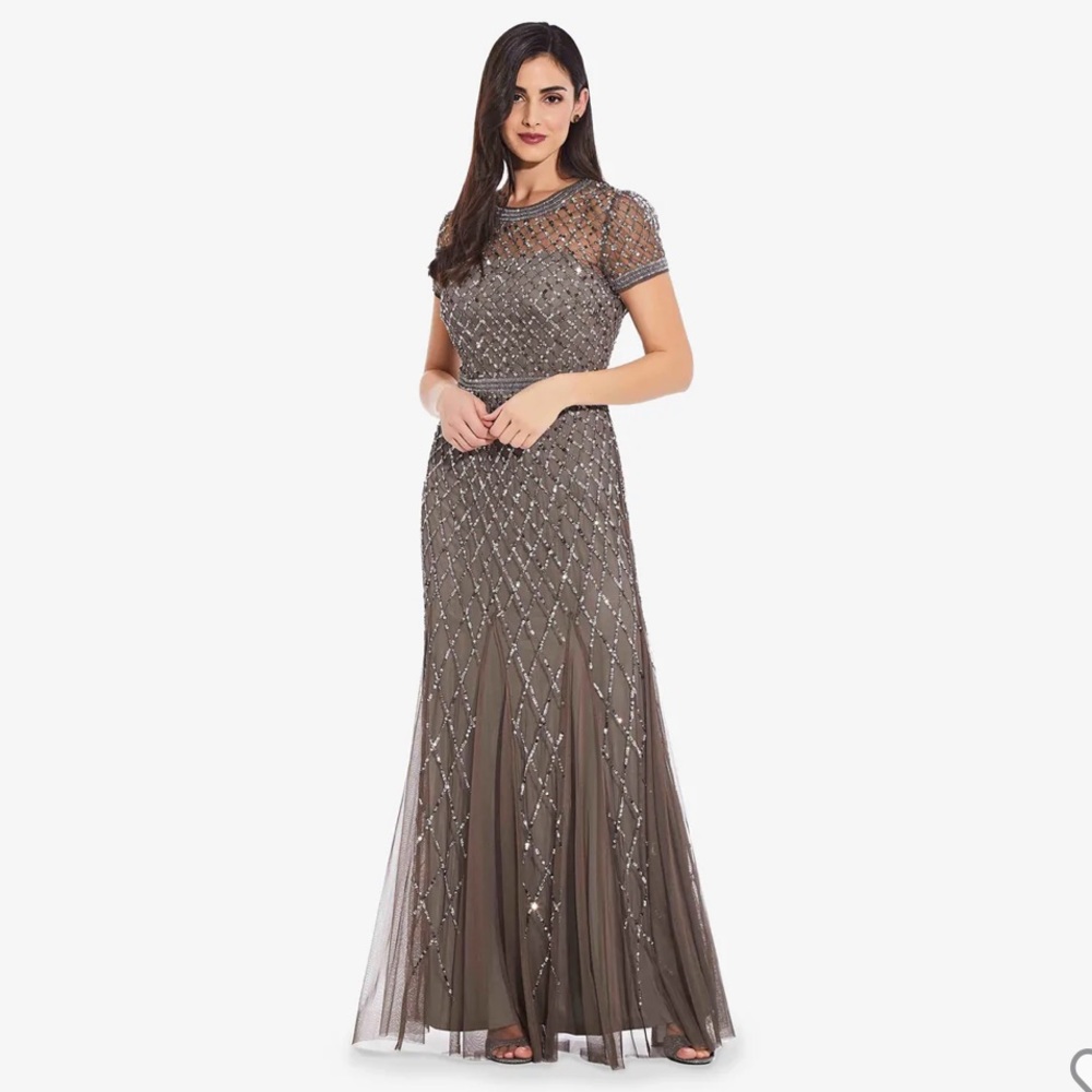 Adrianna Papell Short Sleeve Full-Length Cap Sleeve Beaded Gown in Lead